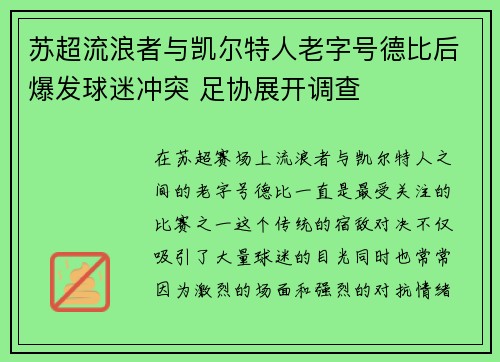 苏超流浪者与凯尔特人老字号德比后爆发球迷冲突 足协展开调查