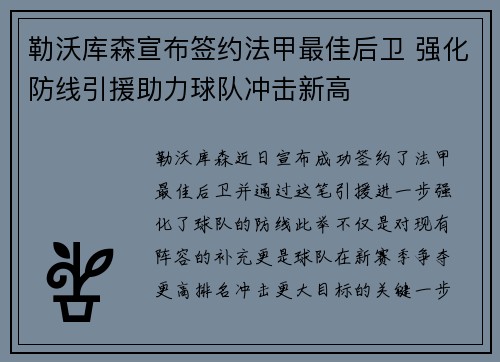 勒沃库森宣布签约法甲最佳后卫 强化防线引援助力球队冲击新高