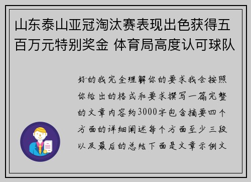 山东泰山亚冠淘汰赛表现出色获得五百万元特别奖金 体育局高度认可球队努力
